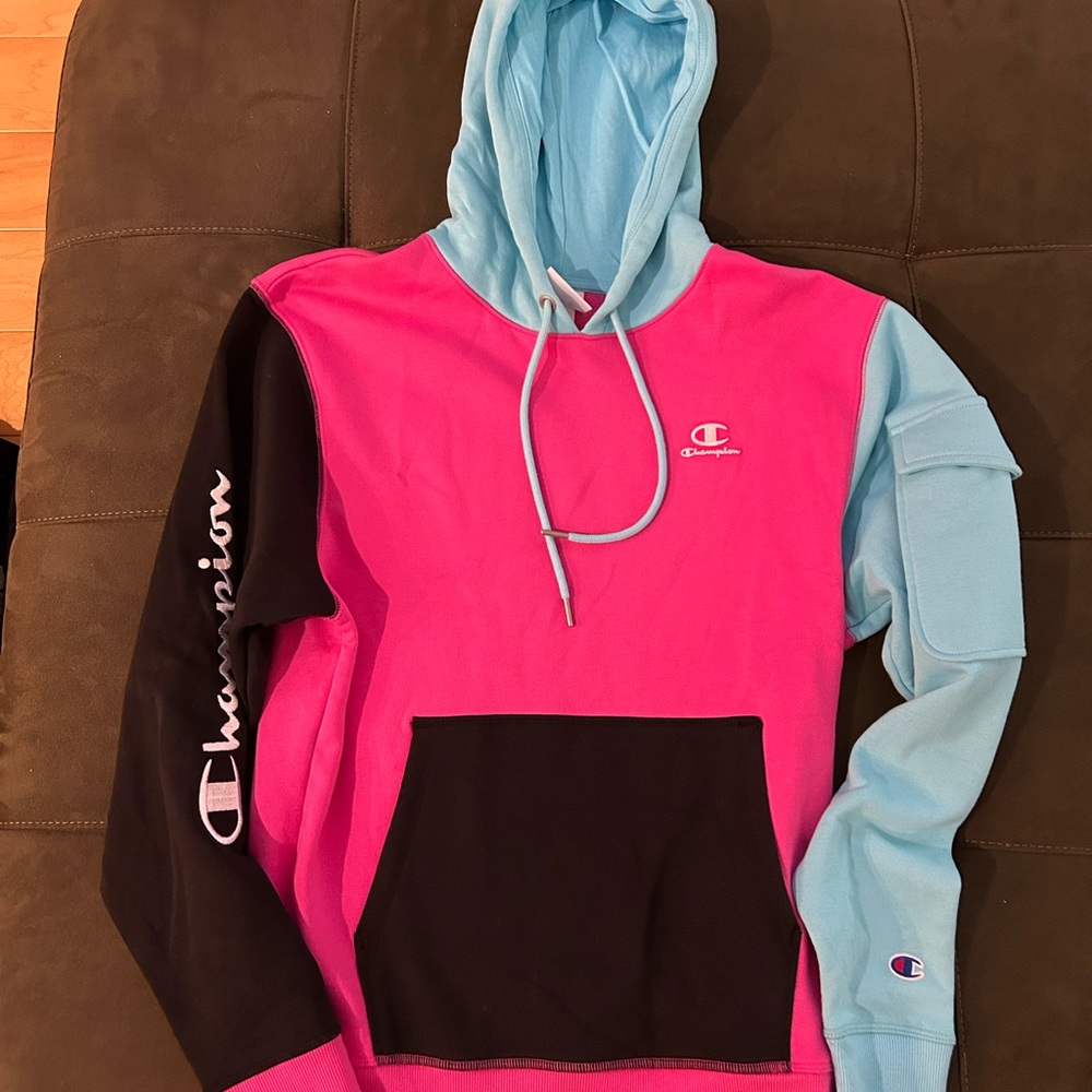 Champion Pink and Light Blue Hoodie. Mens Small